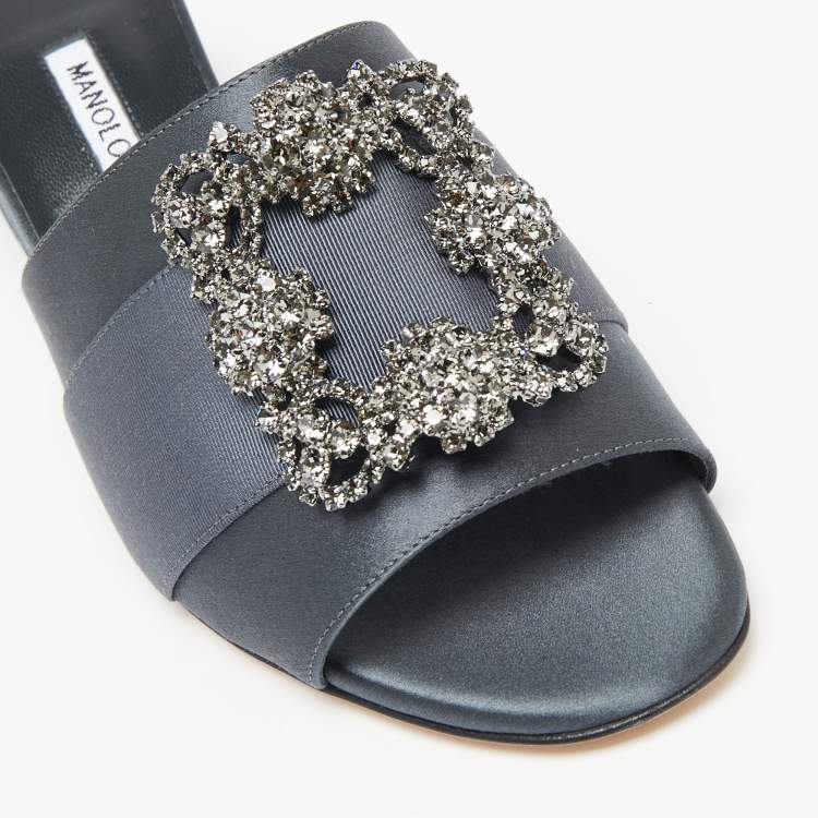 Pre Owned Manolo Blahnik Slate Grey Satin Embellished Martanew Slide Sandals Size 37.5