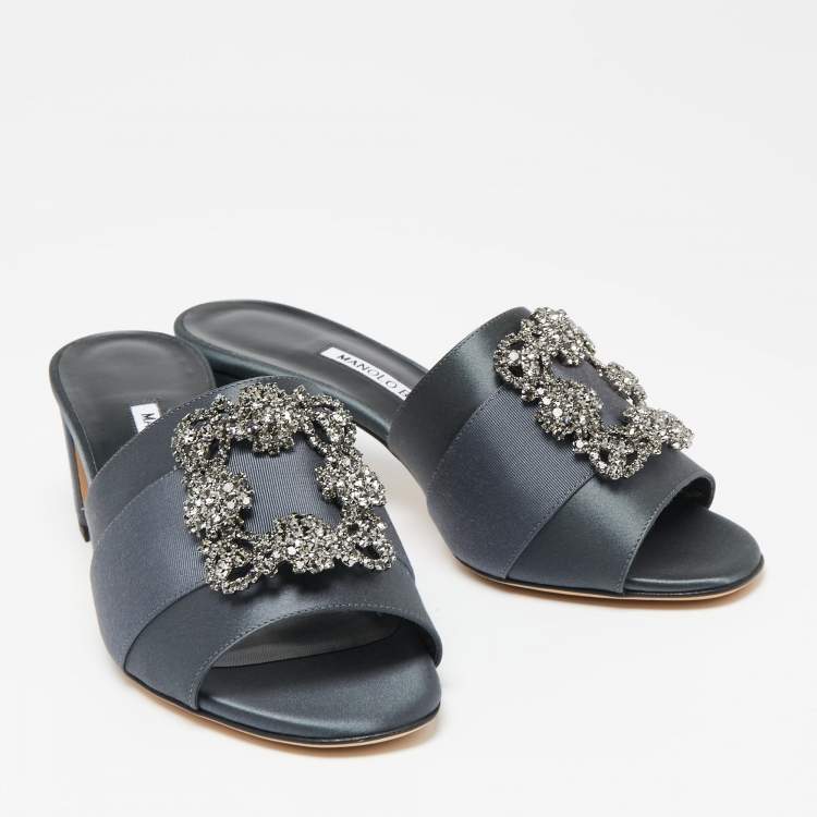 Pre Owned Manolo Blahnik Slate Grey Satin Embellished Martanew Slide Sandals Size 37.5
