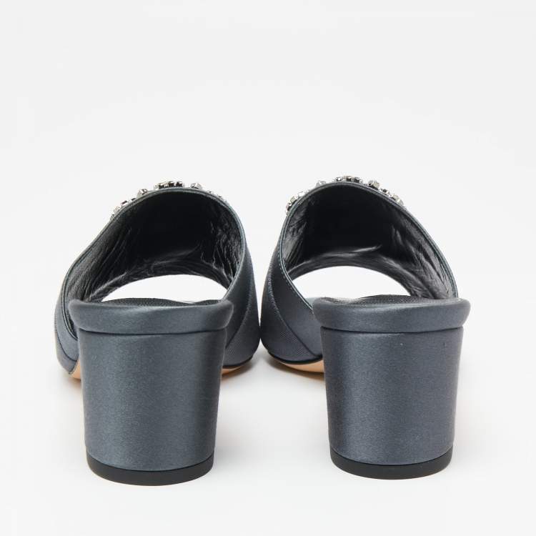 Pre Owned Manolo Blahnik Slate Grey Satin Embellished Martanew Slide Sandals Size 37.5