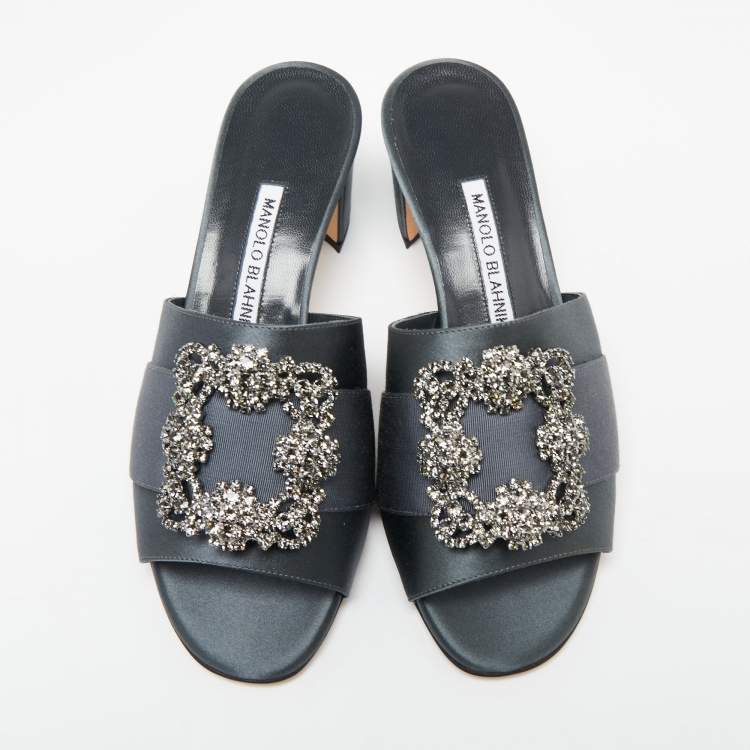 Pre Owned Manolo Blahnik Slate Grey Satin Embellished Martanew Slide Sandals Size 37.5