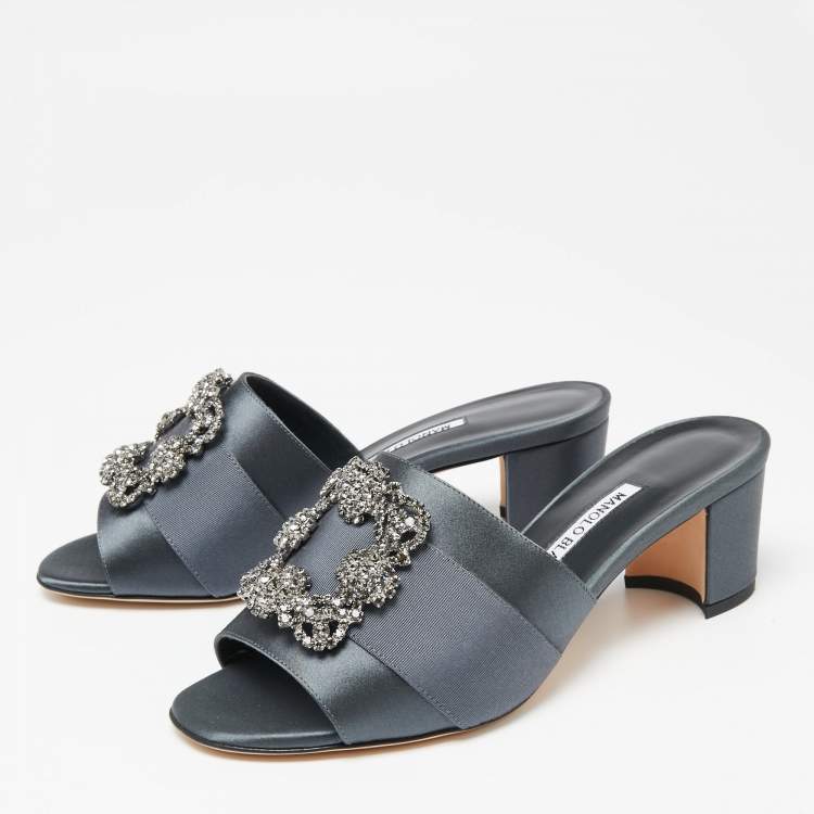 Pre Owned Manolo Blahnik Slate Grey Satin Embellished Martanew Slide Sandals Size 37.5