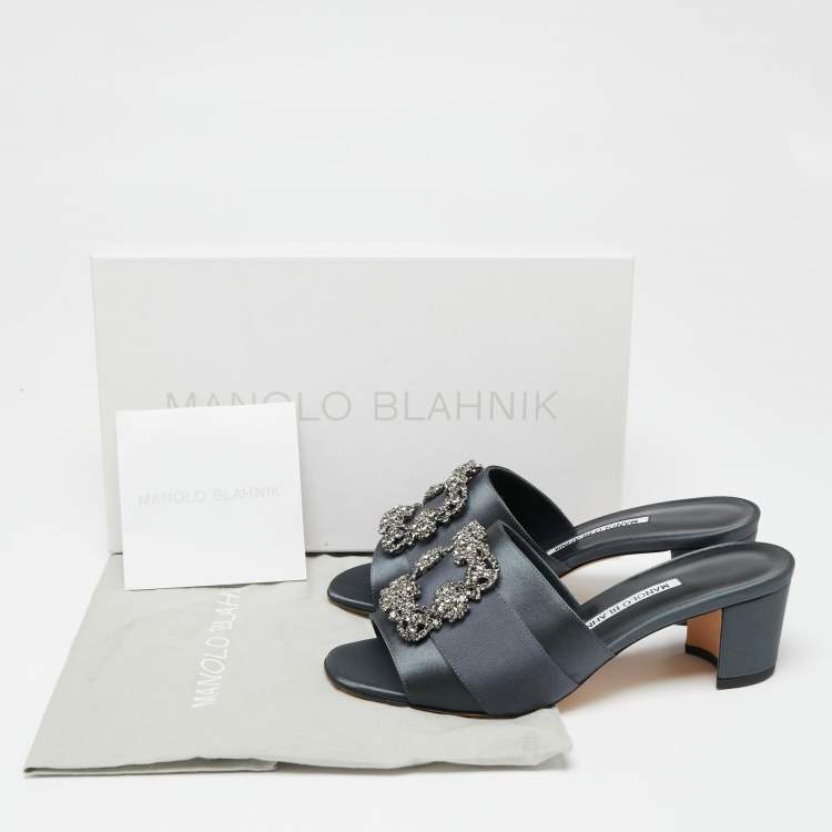 Pre Owned Manolo Blahnik Slate Grey Satin Embellished Martanew Slide Sandals Size 37.5