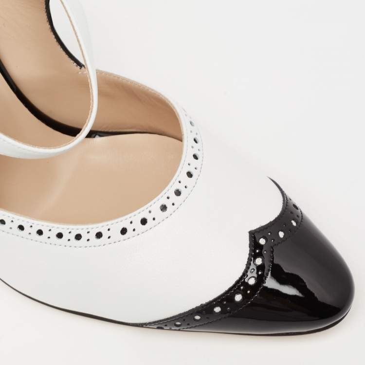 Pre Owned Manolo Blahnik Black/White Brogue Patent and Leather Agatha Mules Size 37