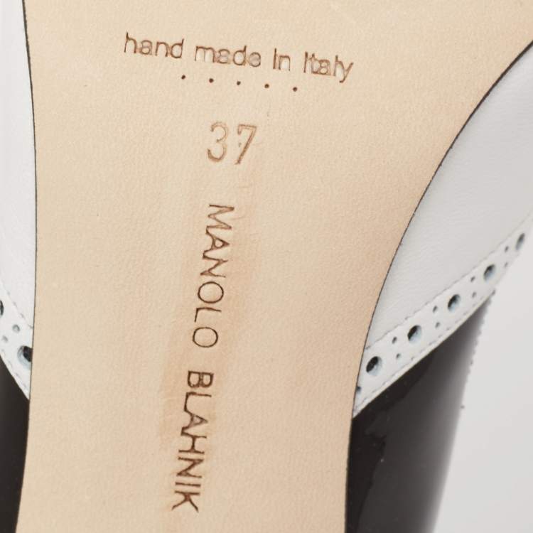 Pre Owned Manolo Blahnik Black/White Brogue Patent and Leather Agatha Mules Size 37