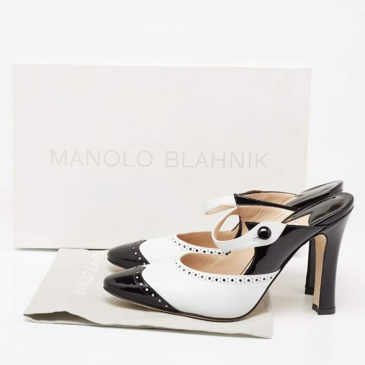 Pre Owned Manolo Blahnik Black/White Brogue Patent and Leather Agatha Mules Size 37