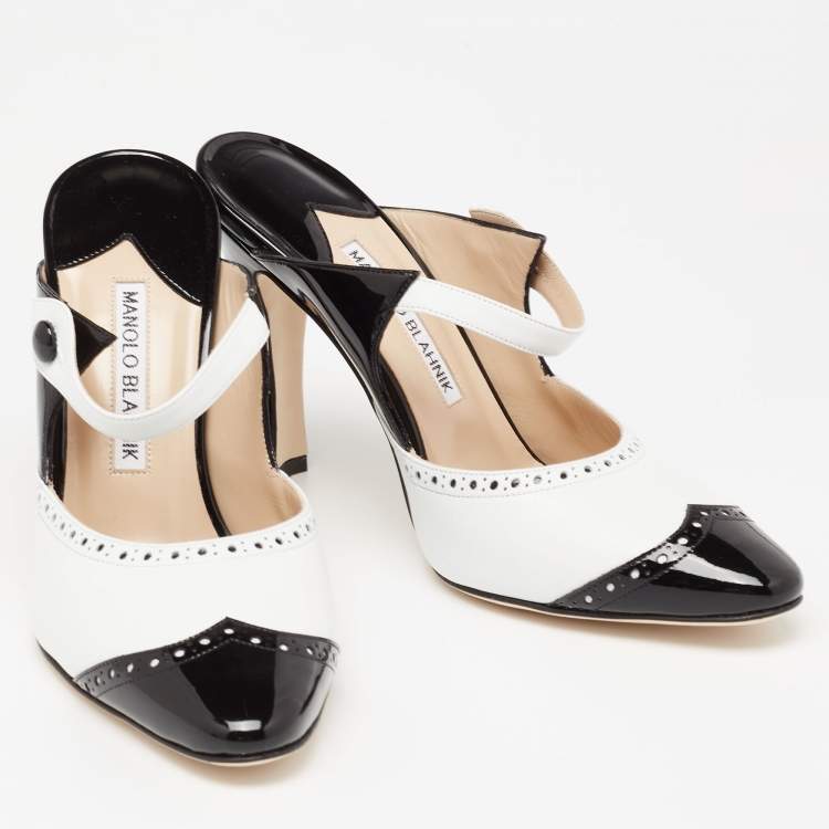 Pre Owned Manolo Blahnik Black/White Brogue Patent and Leather Agatha Mules Size 37