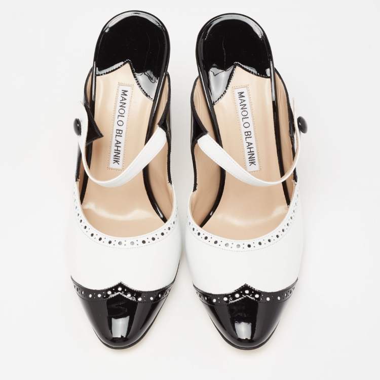 Pre Owned Manolo Blahnik Black/White Brogue Patent and Leather Agatha Mules Size 37