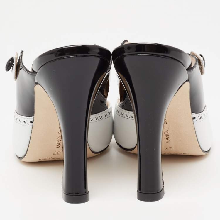 Pre Owned Manolo Blahnik Black/White Brogue Patent and Leather Agatha Mules Size 37