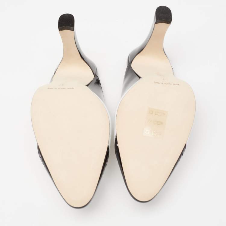 Pre Owned Manolo Blahnik Black/White Brogue Patent and Leather Agatha Mules Size 37
