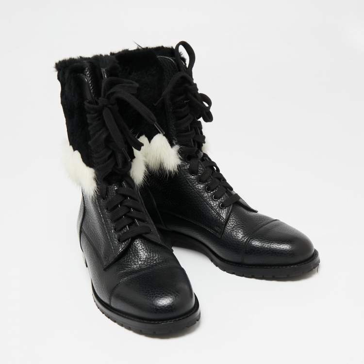 Pre Owned Manolo Blahnik Black/White Leather and Fur Ankle Boots Size 36.5
