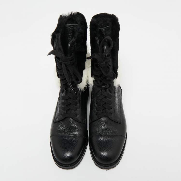 Pre Owned Manolo Blahnik Black/White Leather and Fur Ankle Boots Size 36.5