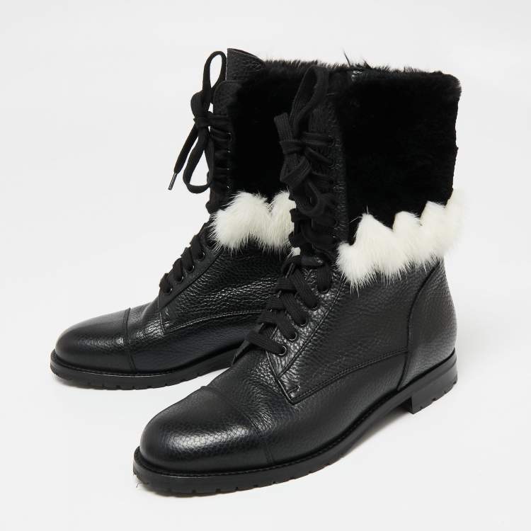 Pre Owned Manolo Blahnik Black/White Leather and Fur Ankle Boots Size 36.5