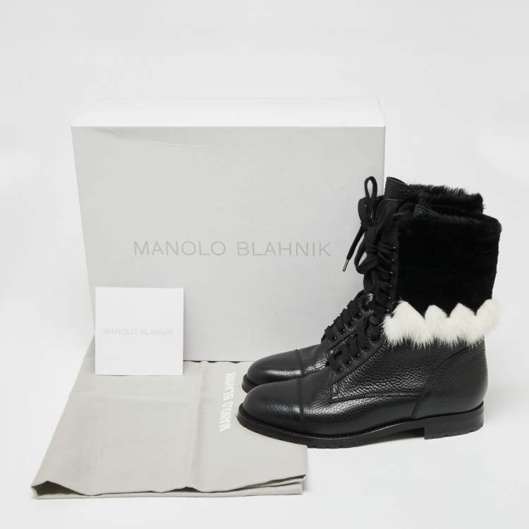 Pre Owned Manolo Blahnik Black/White Leather and Fur Ankle Boots Size 36.5