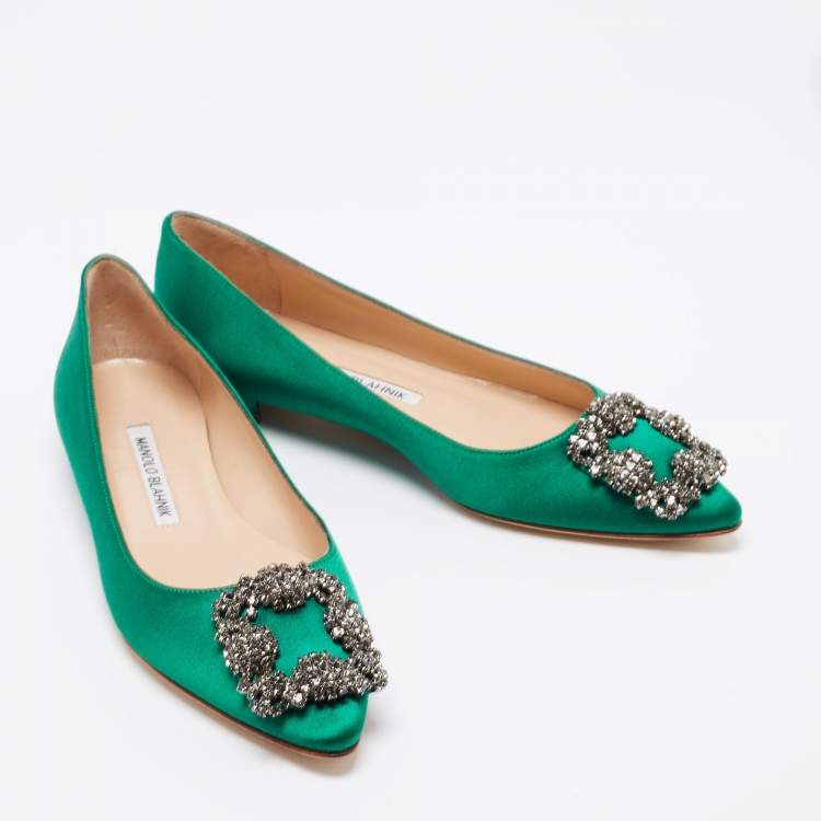Pre Owned Manolo Blahnik Green Satin Hangisi Ballet Flats Size 35