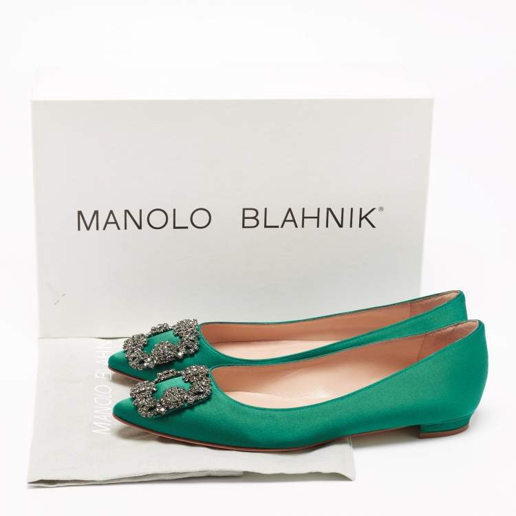Pre Owned Manolo Blahnik Green Satin Hangisi Ballet Flats Size 35