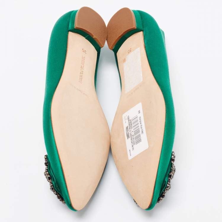 Pre Owned Manolo Blahnik Green Satin Hangisi Ballet Flats Size 35