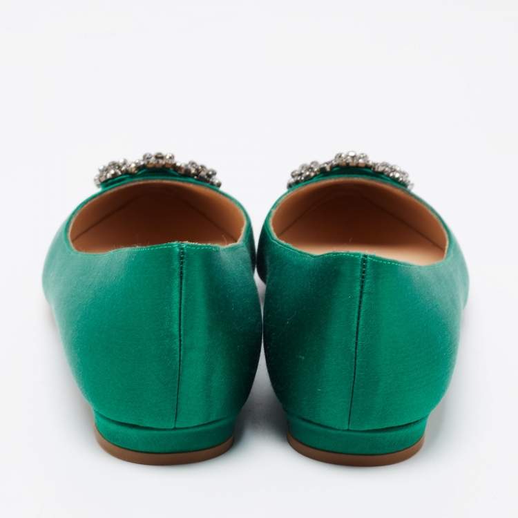 Pre Owned Manolo Blahnik Green Satin Hangisi Ballet Flats Size 35