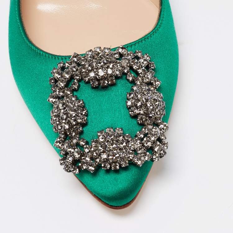 Pre Owned Manolo Blahnik Green Satin Hangisi Ballet Flats Size 35