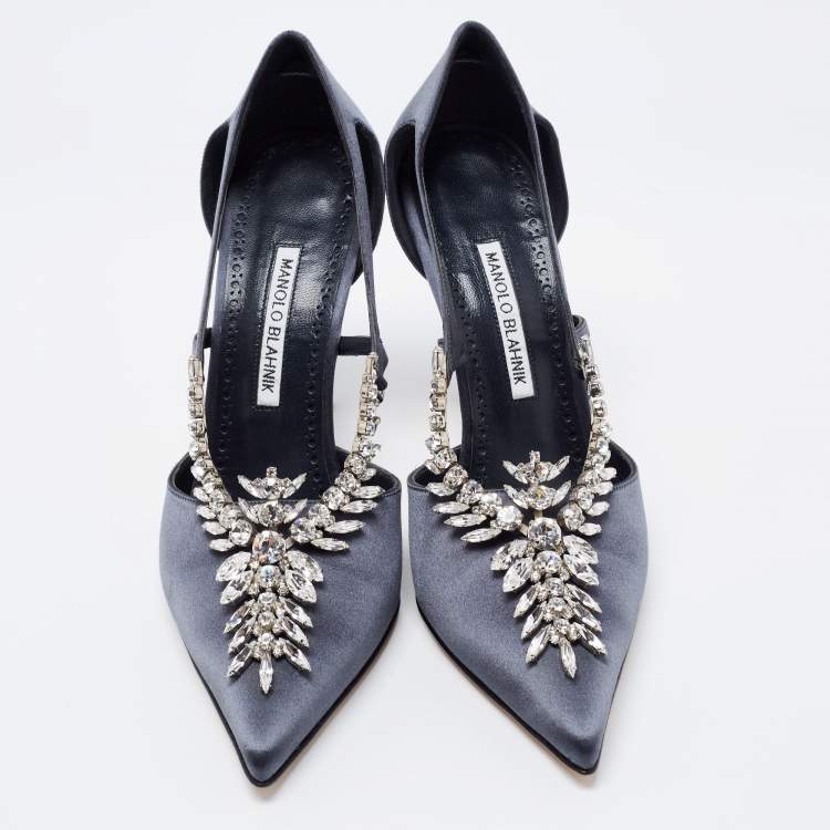 Pre Owned Manolo Blahnik Dark Grey Satin Lala Crystal Embellished Pointed Toe Pumps Size 40