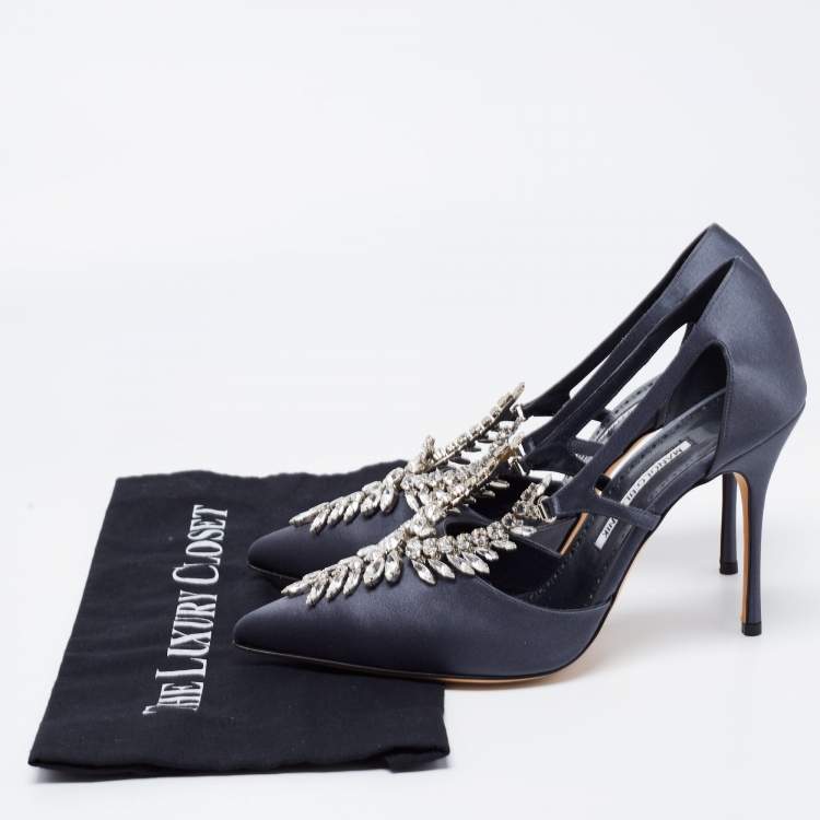 Pre Owned Manolo Blahnik Dark Grey Satin Lala Crystal Embellished Pointed Toe Pumps Size 40