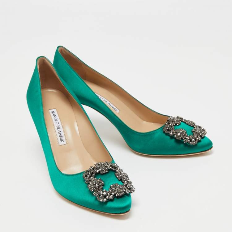 Pre Owned Manolo Blahnik Green Satin Hangisi Pumps Size 37.5