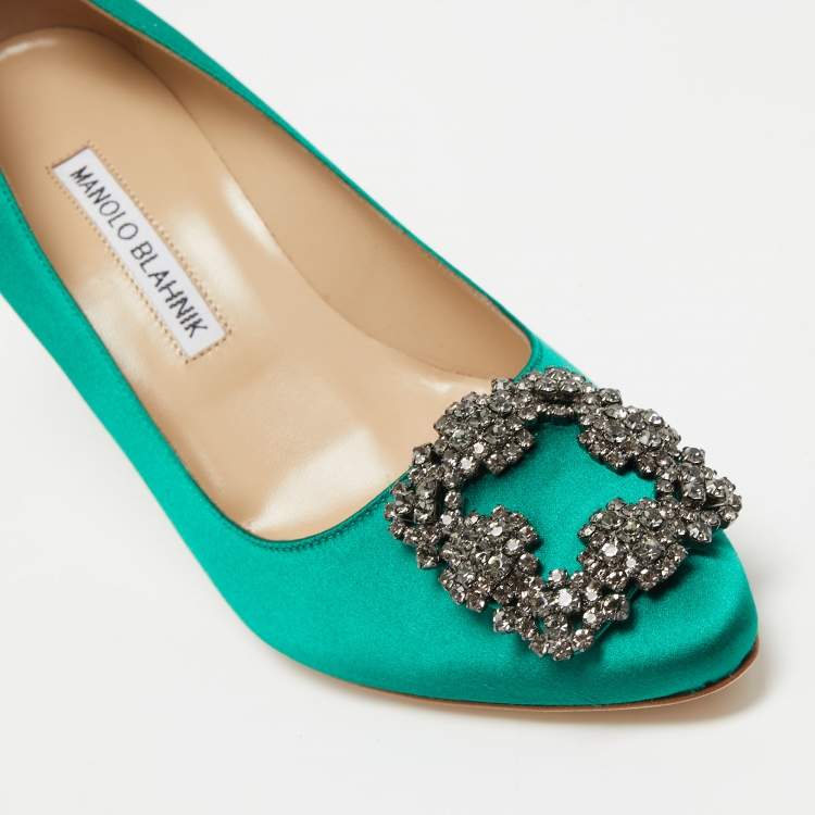 Pre Owned Manolo Blahnik Green Satin Hangisi Pumps Size 37.5