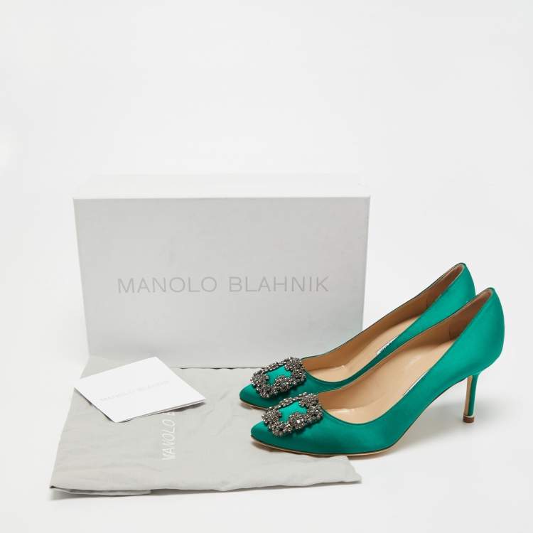 Pre Owned Manolo Blahnik Green Satin Hangisi Pumps Size 37.5