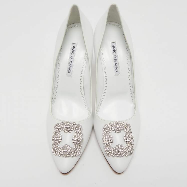 Pre Owned Manolo Blahnik White Leather Hangisi Pumps Size 40