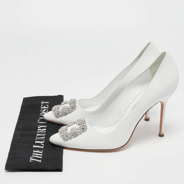 Pre Owned Manolo Blahnik White Leather Hangisi Pumps Size 40