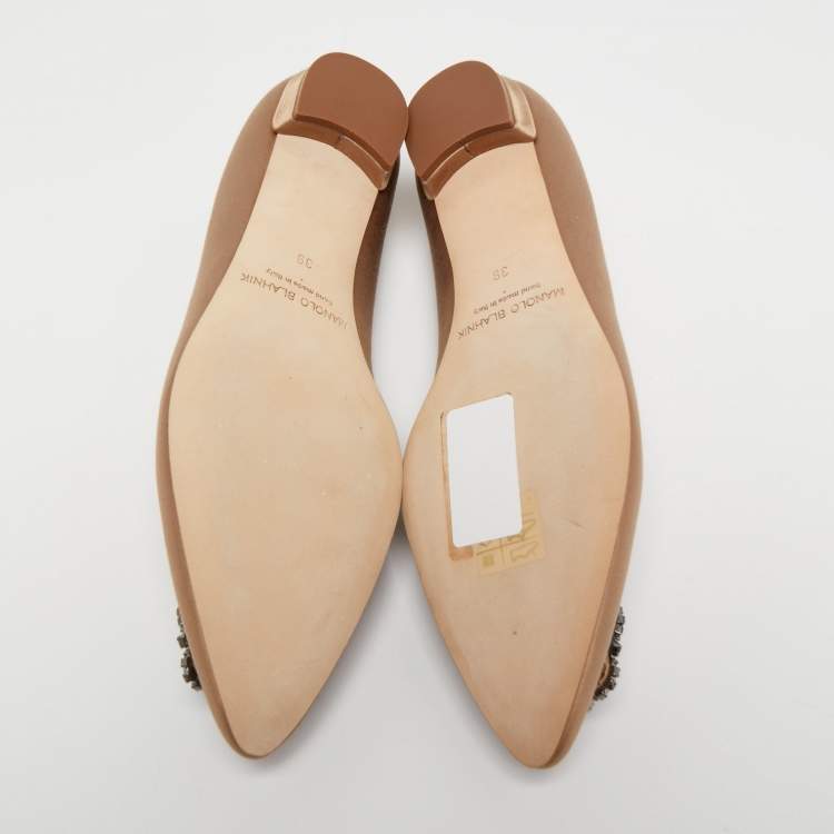 Pre Owned Manolo Blahnik Brown Satin Hangisi Ballet Flats Size 39