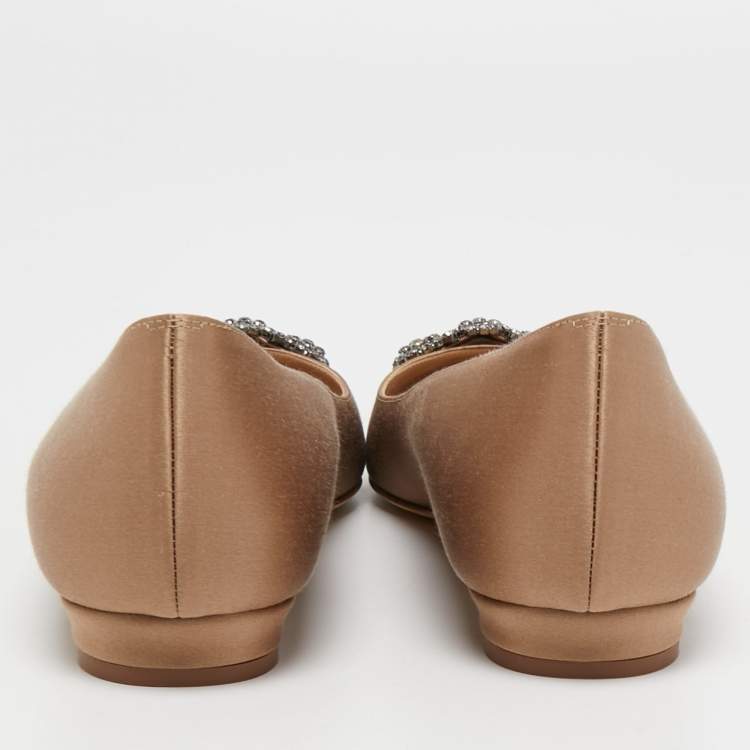Pre Owned Manolo Blahnik Brown Satin Hangisi Ballet Flats Size 39