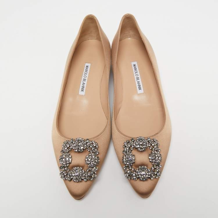 Pre Owned Manolo Blahnik Brown Satin Hangisi Ballet Flats Size 39