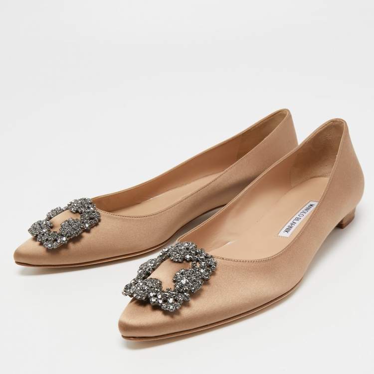 Pre Owned Manolo Blahnik Brown Satin Hangisi Ballet Flats Size 39