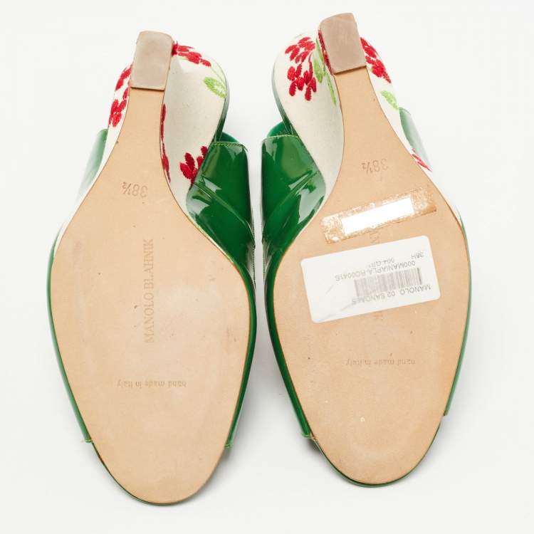 Pre Owned Manolo Blahnik Green Patent Leather Maniapla Embroidered Wedge Sandals Size 38.5