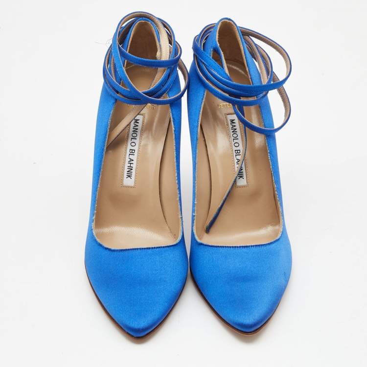 مملوكة مسبقًا Manolo Blahnik x Vetements Blue Satin Ankle Wrap Pumps Size 39