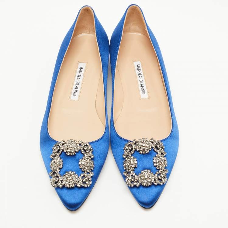 Pre Owned Manolo Blahnik Blue Satin Hangisi Ballet Flats Size 38.5 