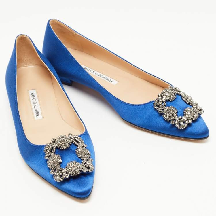 Pre Owned Manolo Blahnik Blue Satin Hangisi Ballet Flats Size 38.5 
