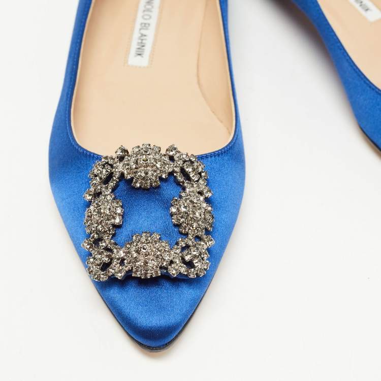 Pre Owned Manolo Blahnik Blue Satin Hangisi Ballet Flats Size 38.5 