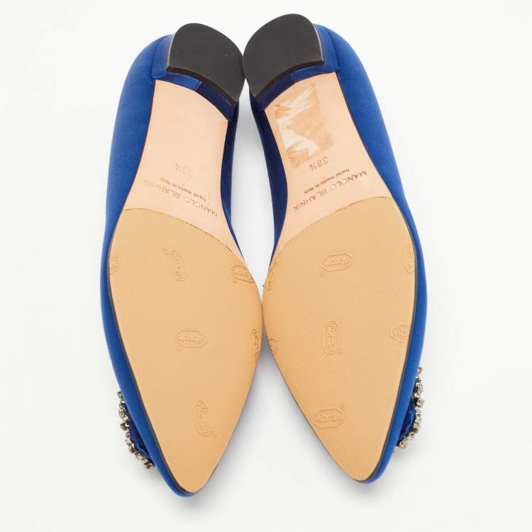 Pre Owned Manolo Blahnik Blue Satin Hangisi Ballet Flats Size 38.5 