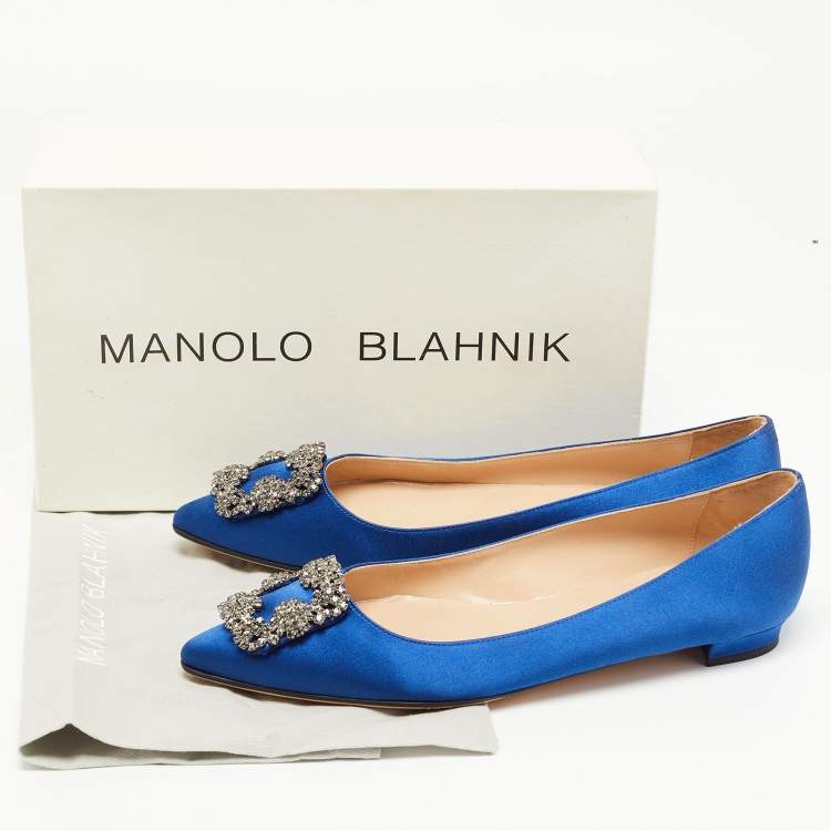 Pre Owned Manolo Blahnik Blue Satin Hangisi Ballet Flats Size 38.5 