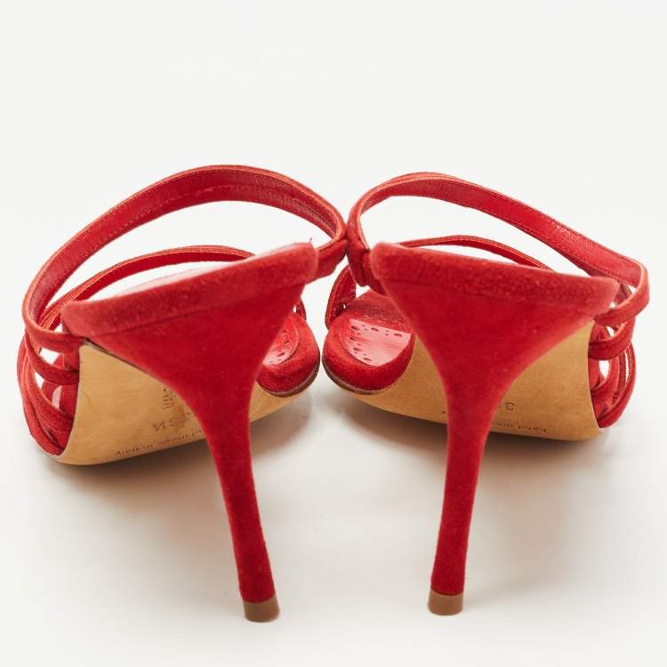 Pre Owned Manolo Blahnik Red Suede Strappy Slides Size 36.5