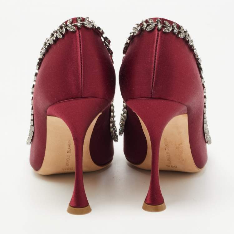 Pre Owned Manolo Blahnik Burgundy Satin Borlak Pumps Size 38.5