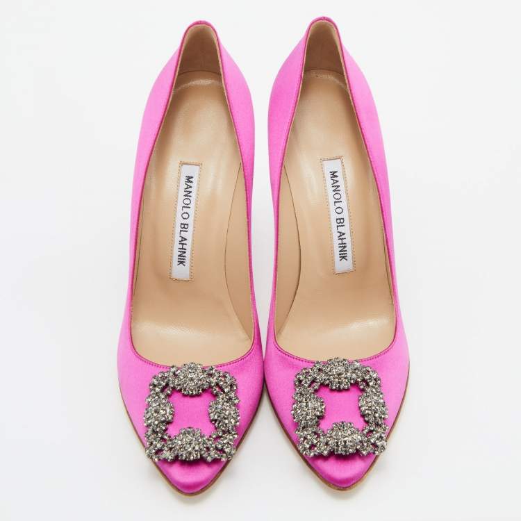 Pre Owned Manolo Blahnik Fuchsia Satin Hangisi Pumps Size 38