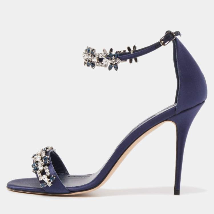 Pre Owned Manolo Blahnik Navy Blue Satin Firadou Sandals Size 41
