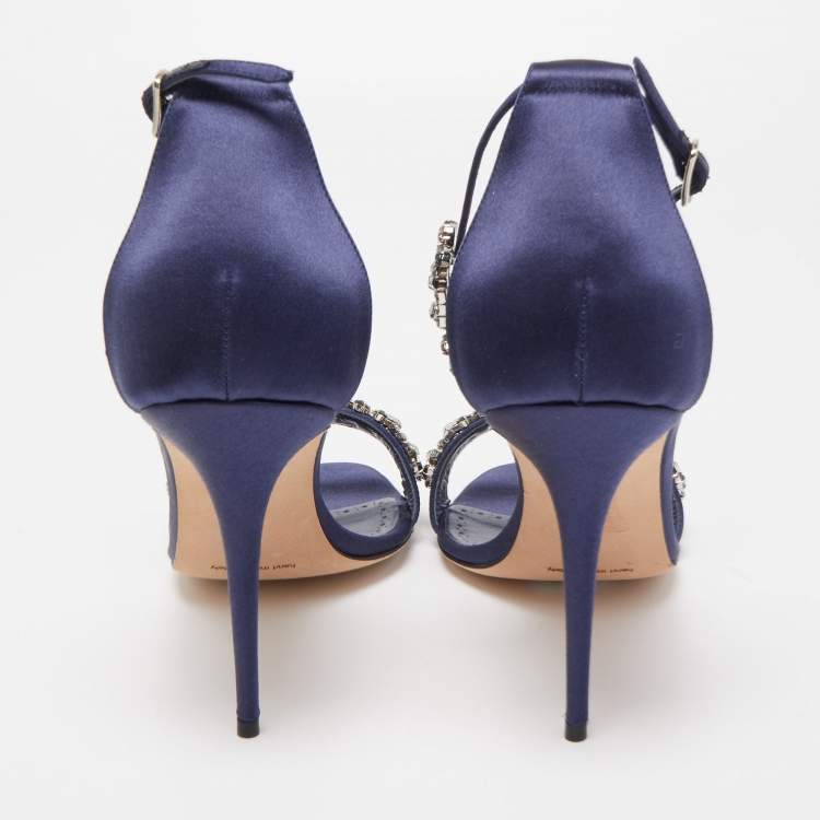 Pre Owned Manolo Blahnik Navy Blue Satin Firadou Sandals Size 41