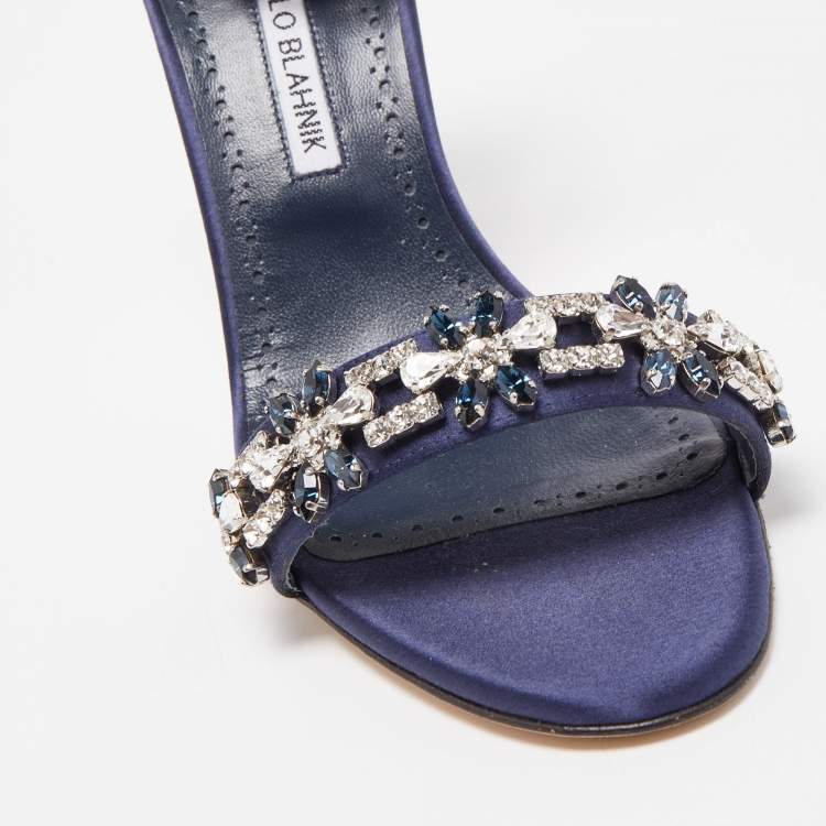 Pre Owned Manolo Blahnik Navy Blue Satin Firadou Sandals Size 41