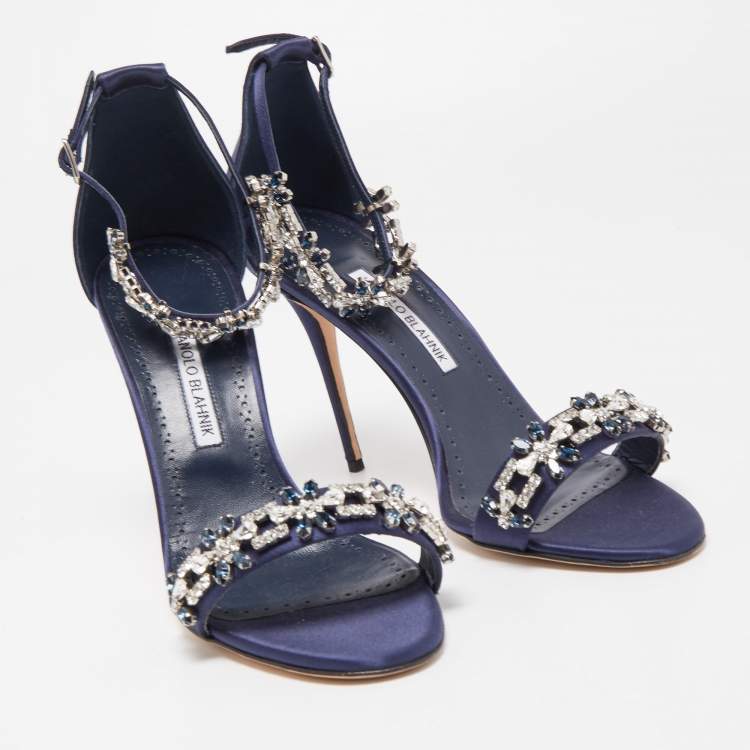 Pre Owned Manolo Blahnik Navy Blue Satin Firadou Sandals Size 41