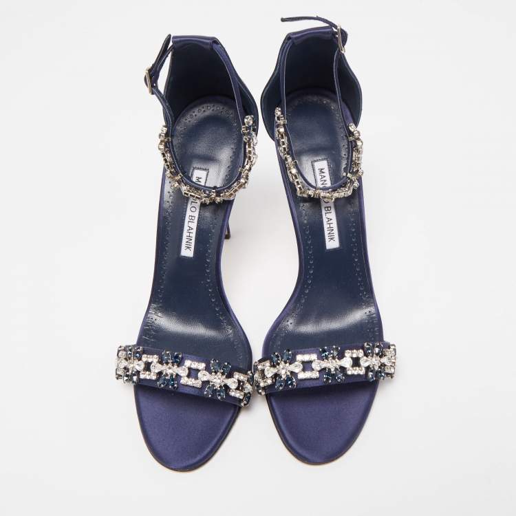 Pre Owned Manolo Blahnik Navy Blue Satin Firadou Sandals Size 41