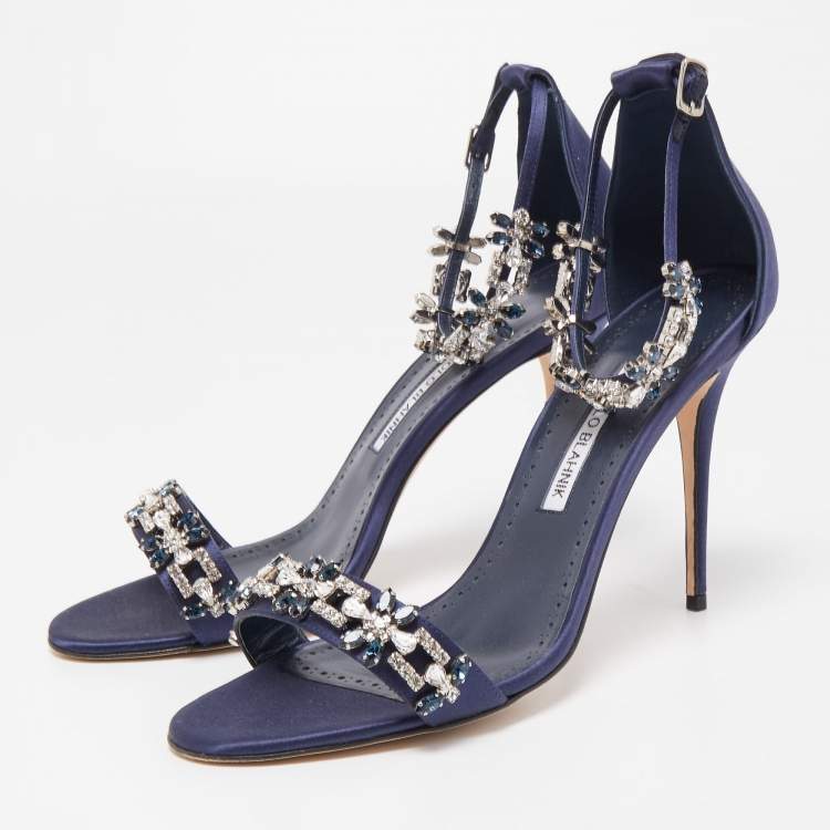 Pre Owned Manolo Blahnik Navy Blue Satin Firadou Sandals Size 41