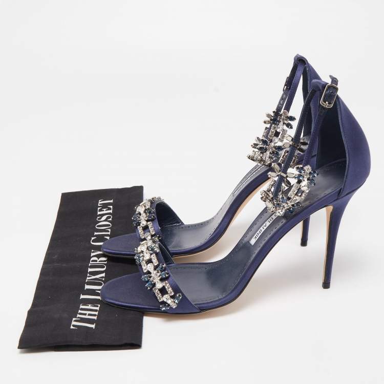 Pre Owned Manolo Blahnik Navy Blue Satin Firadou Sandals Size 41